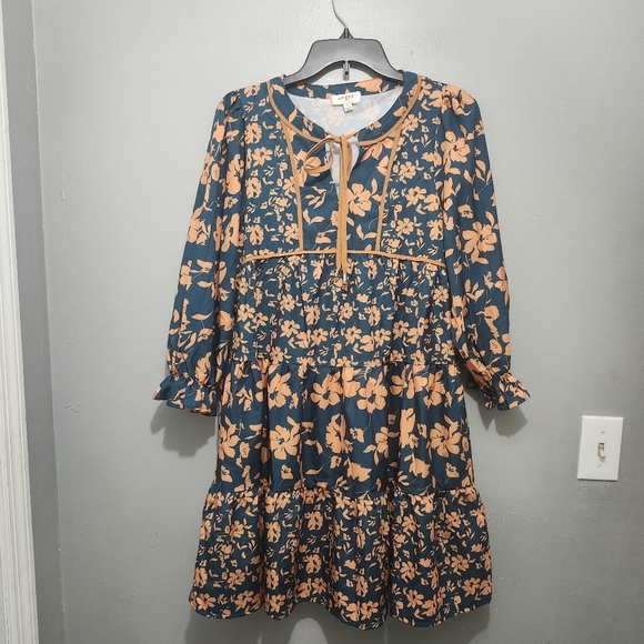 Umgee Women's Floral Mini Dress Size S Green And Orange Long Sleevs - Picture 1 of 7